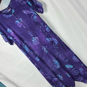 Purple Batik Maxi Dress L Pockets Shoulder Pads Boho Beach Coverup Starfish
